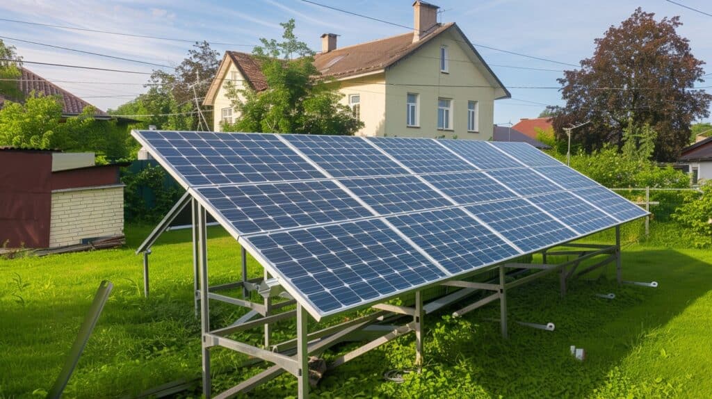 all images solar panel in a garden with a house in the background