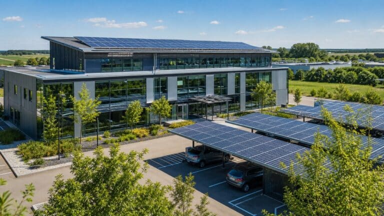 Panneaux solaires installés sur un bâtiment professionnel